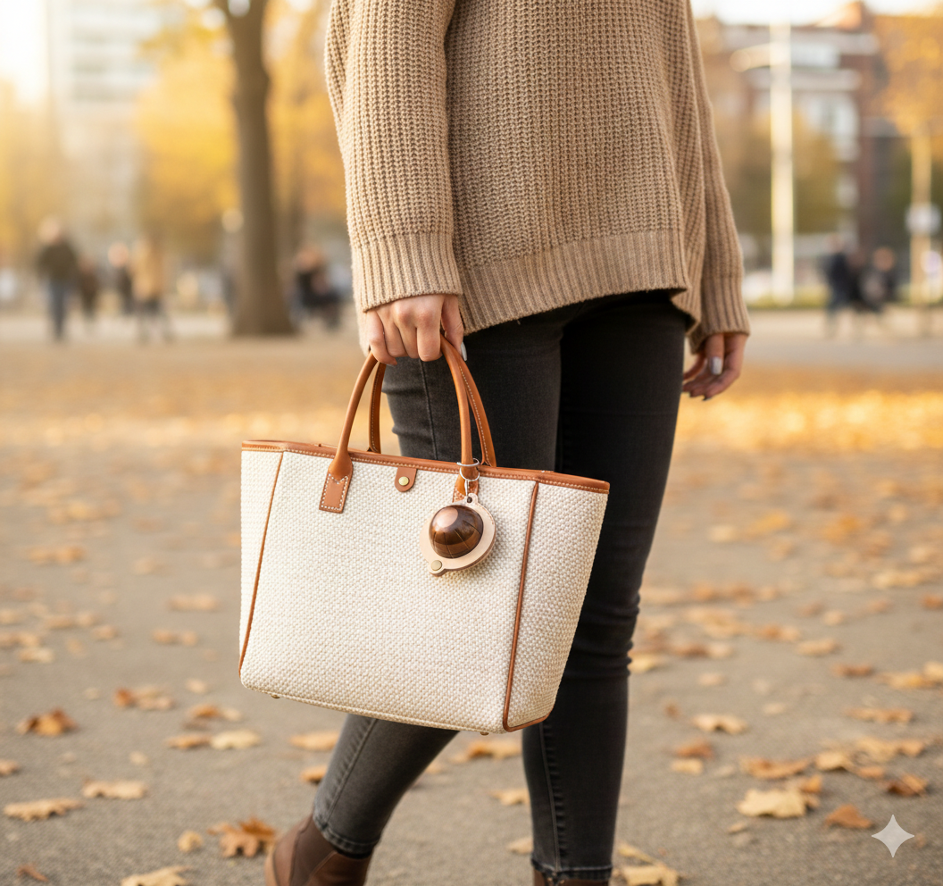 The PodSaver leather accessory attached to a tote bag